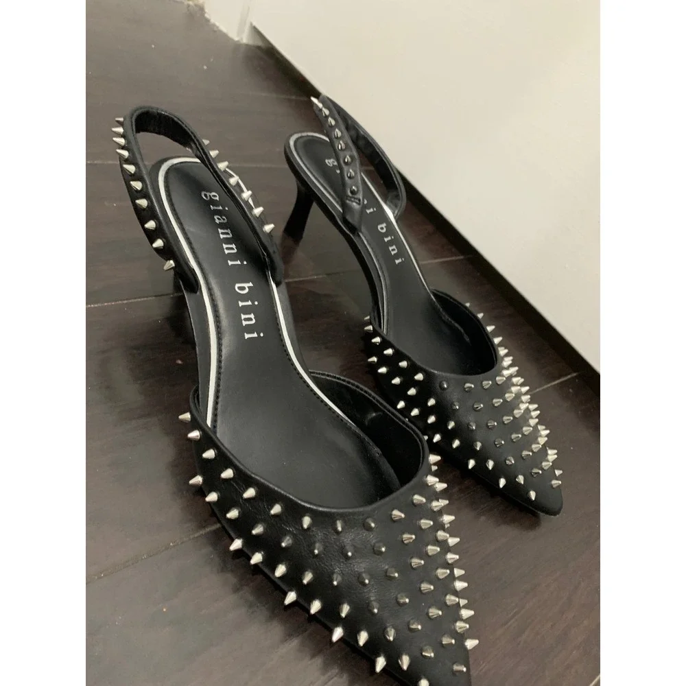 Gianni Bini Black Studded Slingback Pumps Kitten Heels Pointed Toe 7M